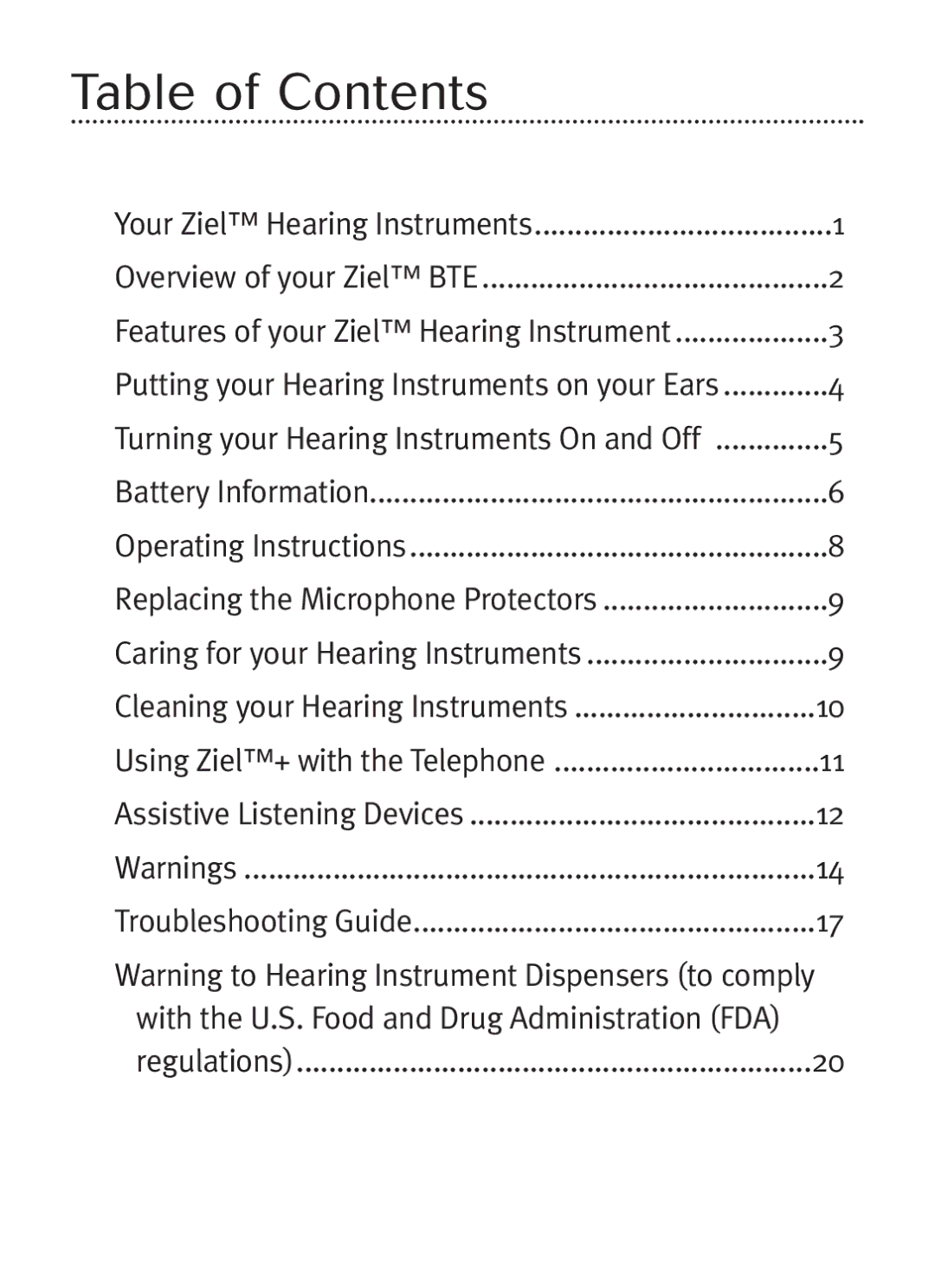 Unitron Hearing Aid Ziel BTE manual Table of Contents 