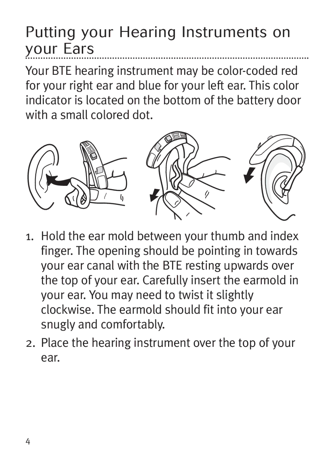 Unitron Hearing Aid Ziel BTE manual Putting your Hearing Instrumen ts on your Ears 