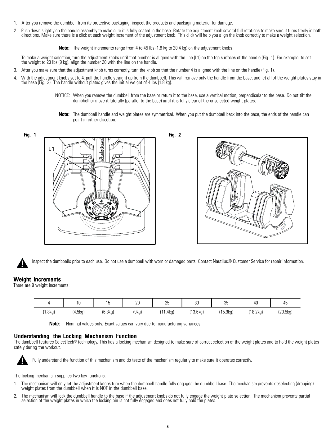 Universal 003-3818091510B Weight Increments, Understanding the Locking Mechanism Function, There are 9 weight increments 