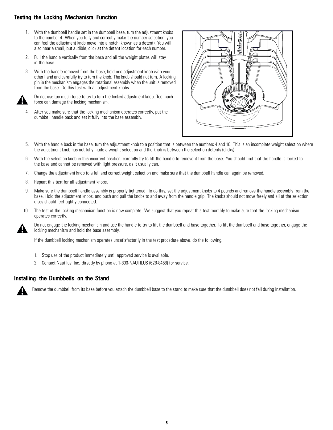 Universal 003-3818091510B manual Testing the Locking Mechanism Function, Installing the Dumbbells on the Stand 