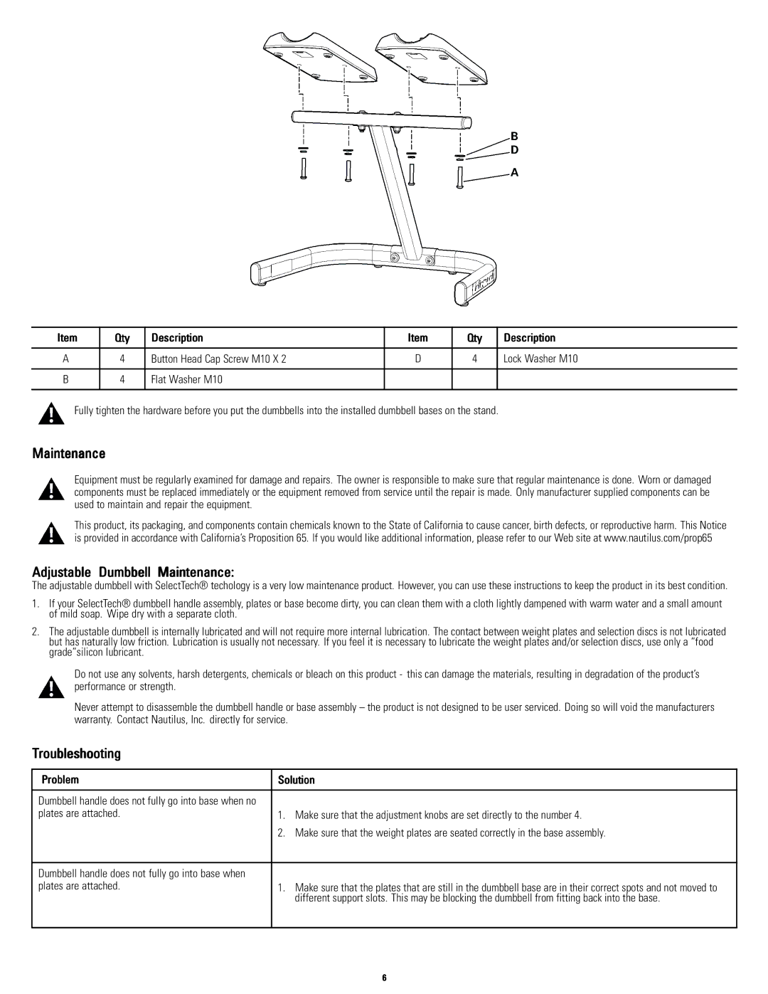 Universal 003-3818091510B Adjustable Dumbbell Maintenance, Troubleshooting, Problem Solution, Plates are attached 