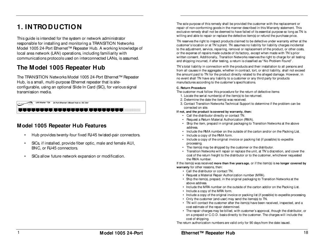 Universal specifications Introduction, Model 1005 Repeater Hub Features 