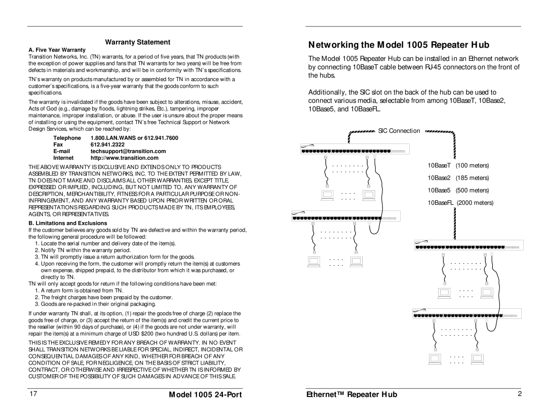 Universal specifications Networking the Model 1005 Repeater Hub, Warranty Statement 