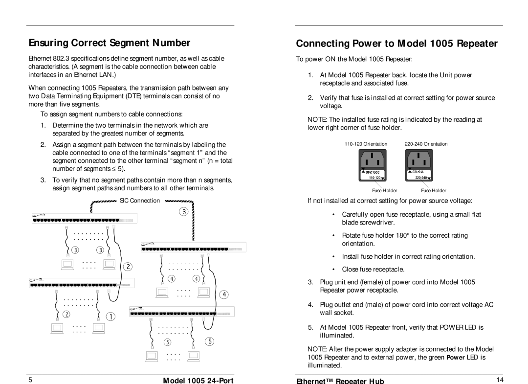 Universal specifications Ensuring Correct Segment Number, Connecting Power to Model 1005 Repeater 