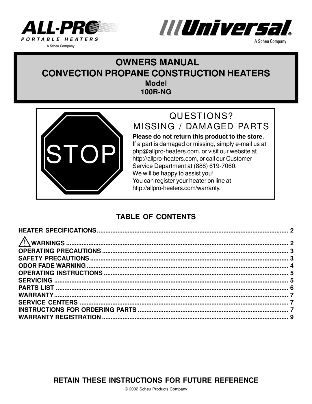 Universal 100R-NG owner manual Table of Contents, Retain These Instructions for Future Reference 