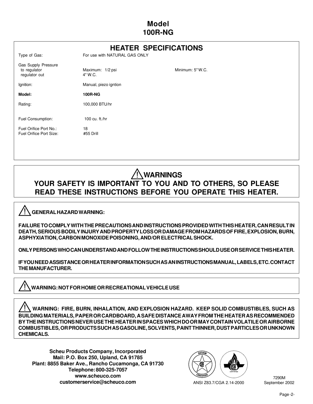 Universal owner manual Heater Specifications, Model 100R-NG 