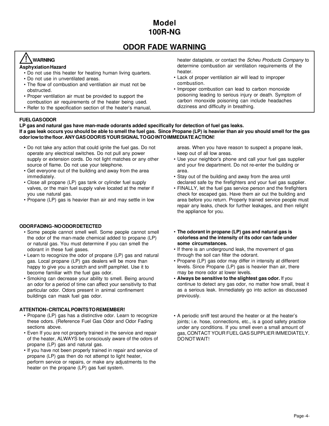 Universal 100R-NG owner manual Odor Fade Warning, Fuelgasodor, Odorfading-Noodordetected 