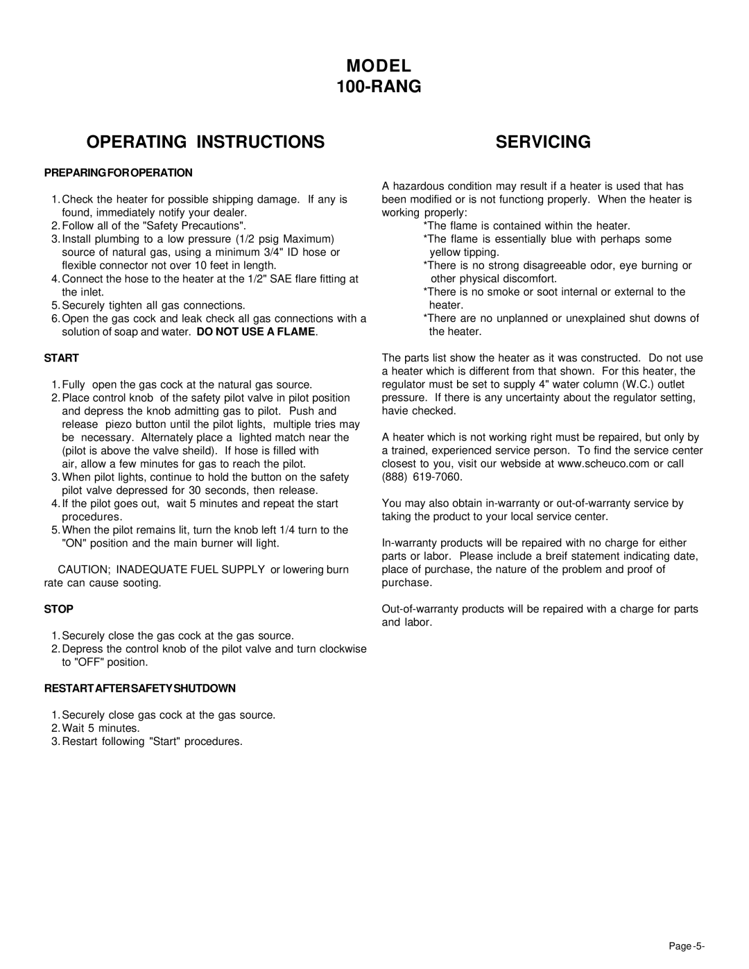 Universal 100R-NG owner manual Model, Operating Instructions Servicing 