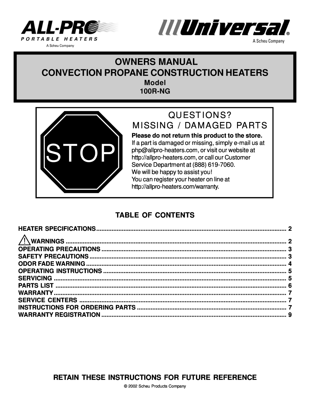 Universal owner manual Model 100R-NG, Table Of Contents, Retain These Instructions For Future Reference 