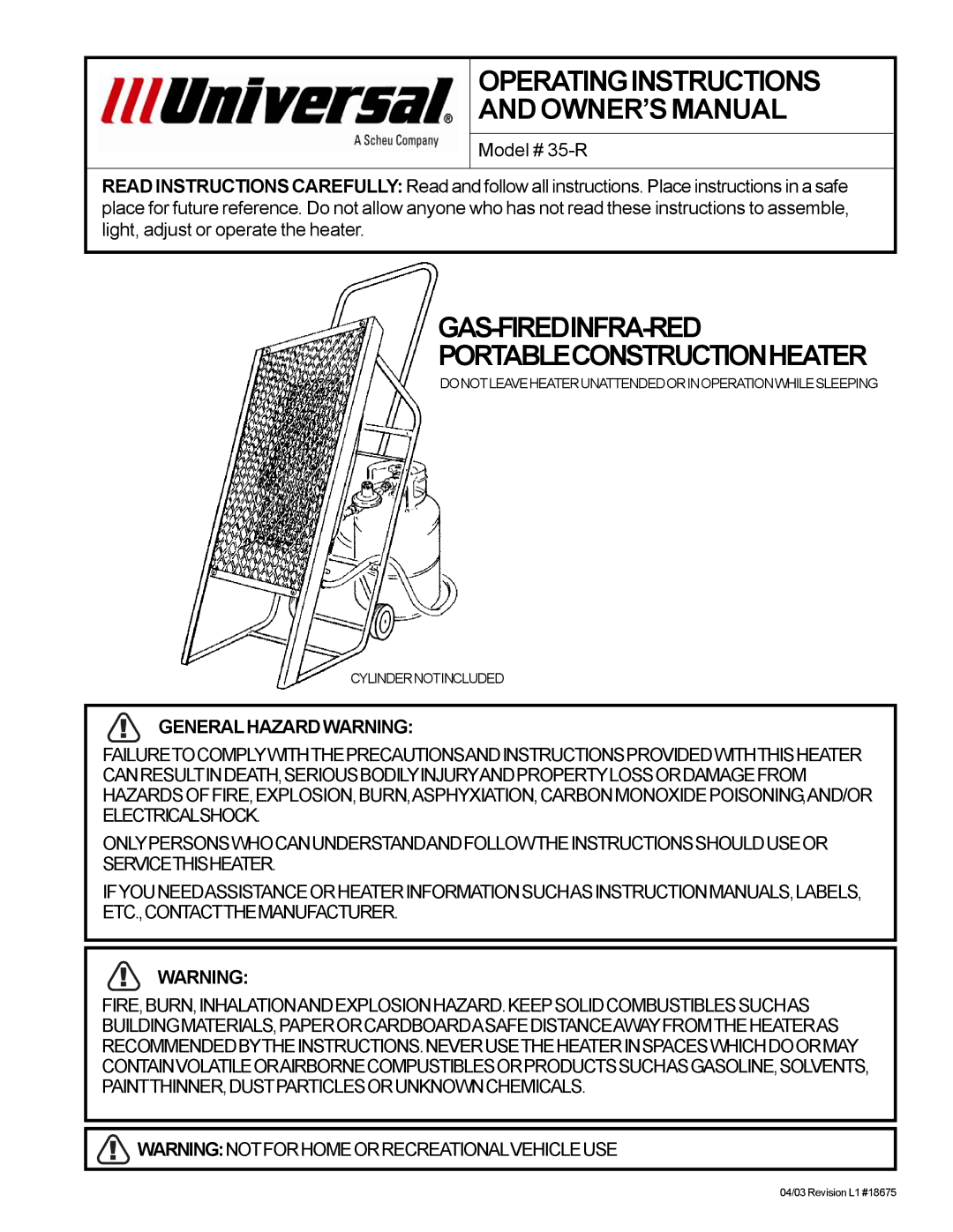 Universal 35-R owner manual Operatinginstructions, Generalhazard Warning 