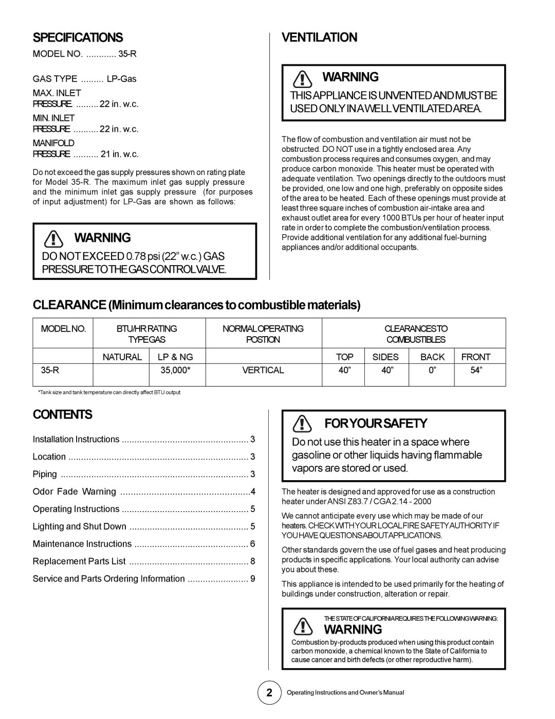 Universal 35-R owner manual Specifications, Ventilation, Contents, Foryoursafety 