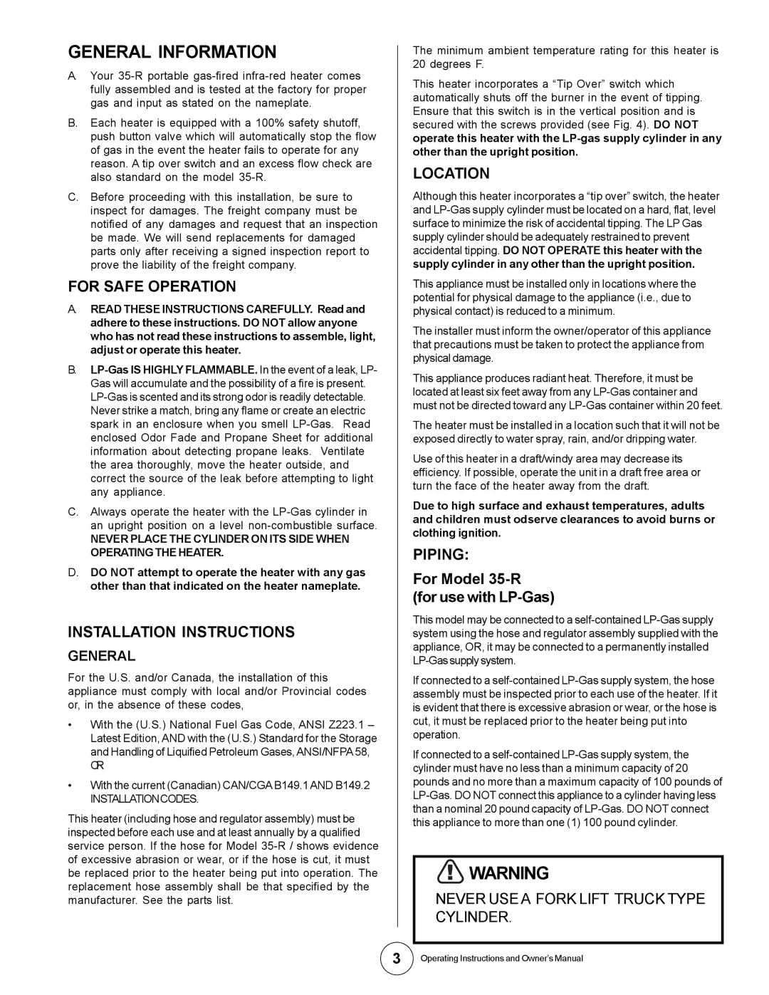 Universal 35-R owner manual General Information, For Safe Operation, Installation Instructions, Location, Piping 