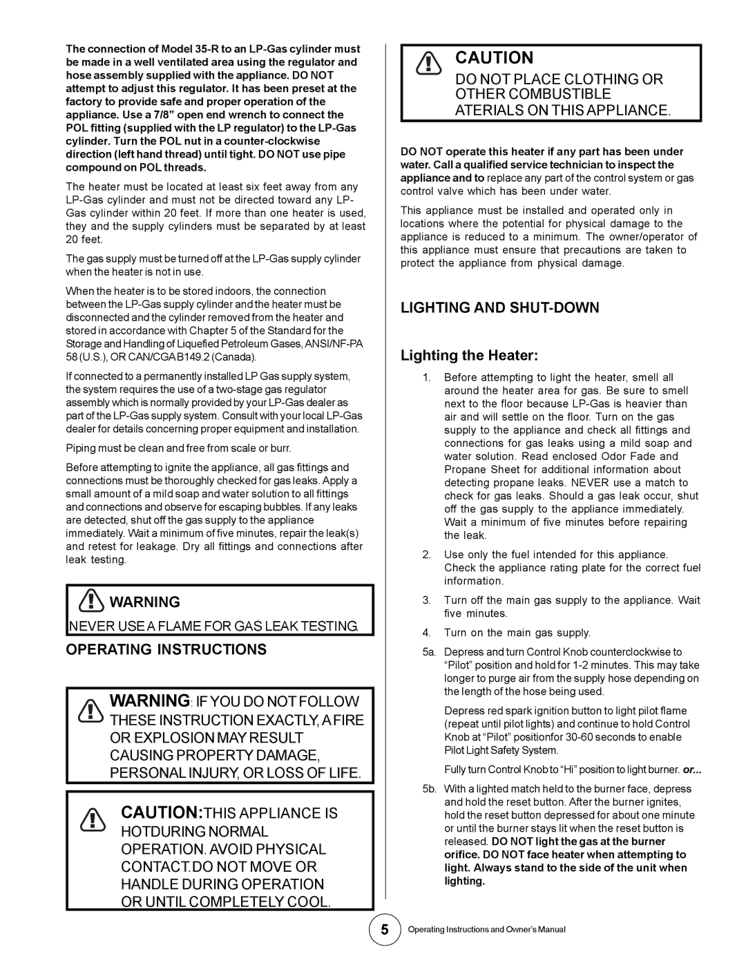 Universal 35-R owner manual Operating Instructions, Lighting and SHUT-DOWN, Lighting the Heater 