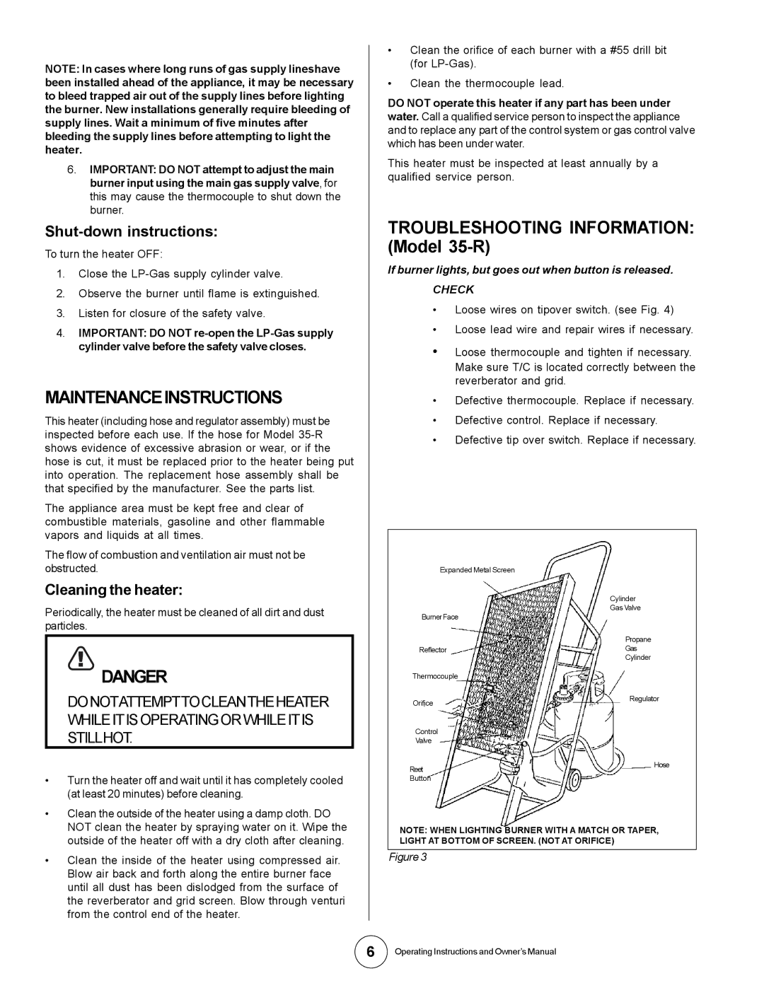 Universal 35-R owner manual Maintenanceinstructions, Shut-down instructions, Cleaning the heater 