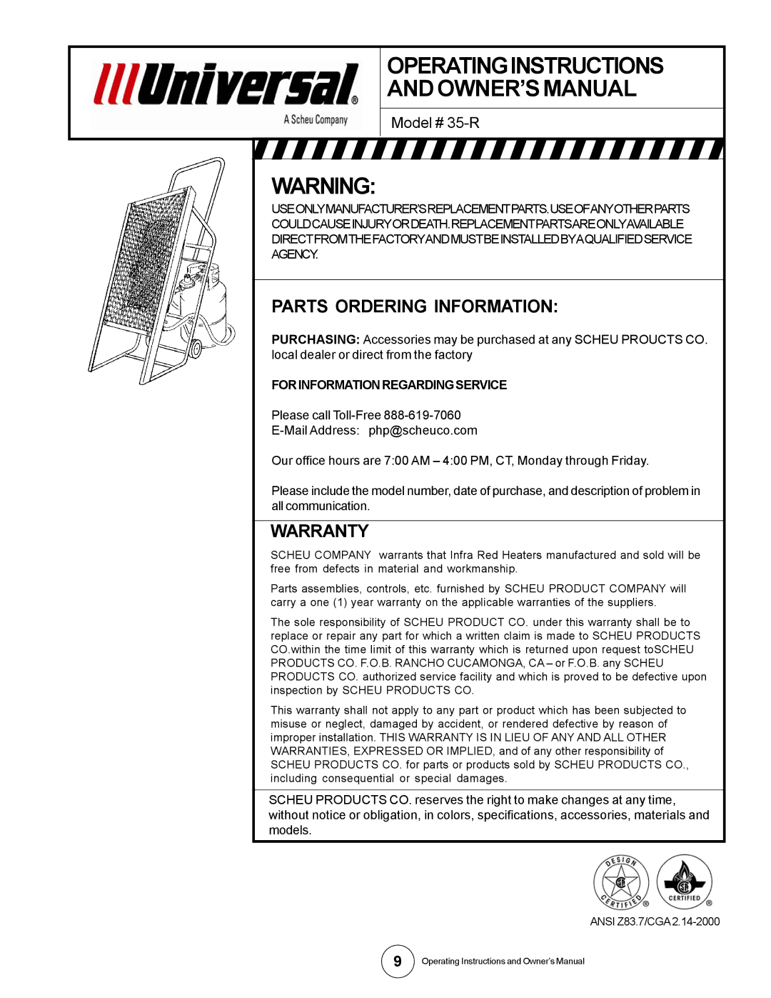 Universal 35-R owner manual Parts Ordering Information, Warranty 