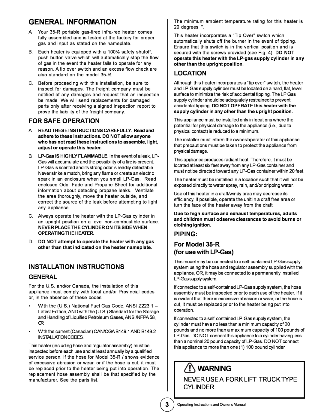 Universal 35-R owner manual General Information, For Safe Operation, Installation Instructions, Location 