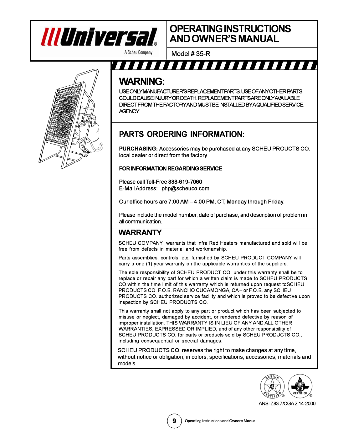 Universal owner manual Parts Ordering Information, Warranty, Model # 35-R, For Information Regarding Service 