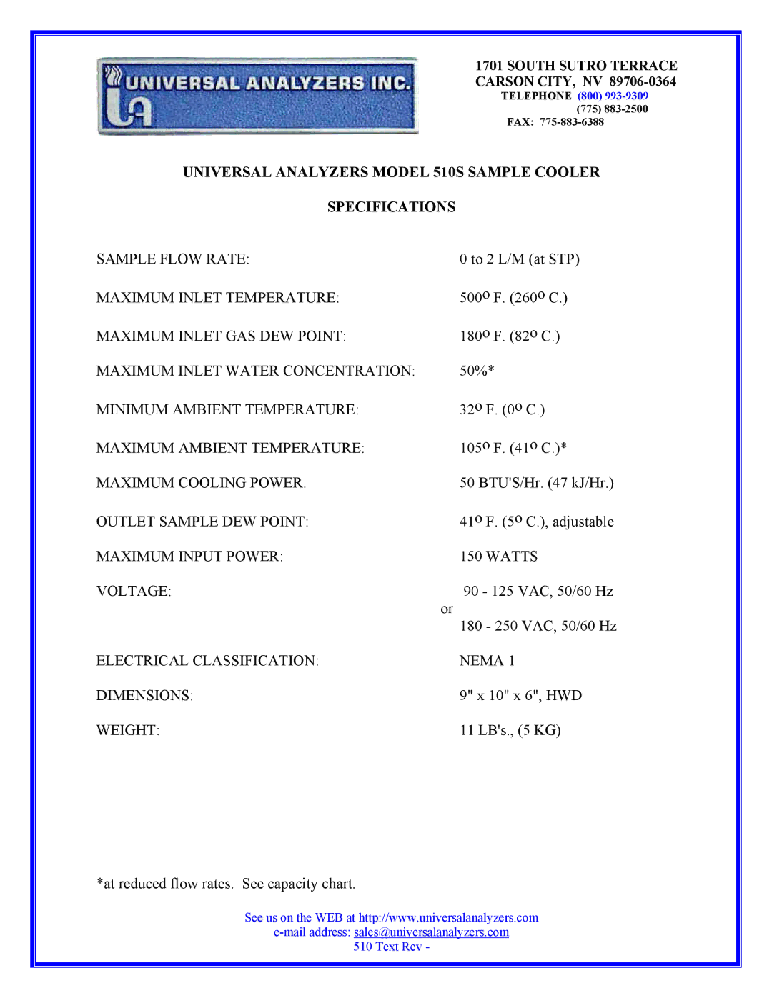 Universal instruction manual Universal Analyzers Model 510S Sample Cooler Specifications, Weight 