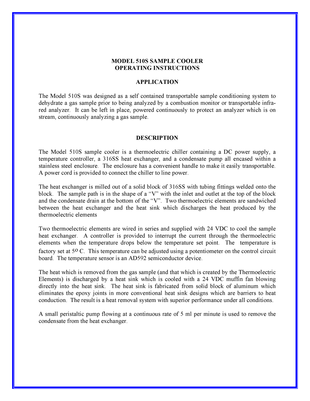 Universal instruction manual Model 510S Sample Cooler Operating Instructions Application, Description 