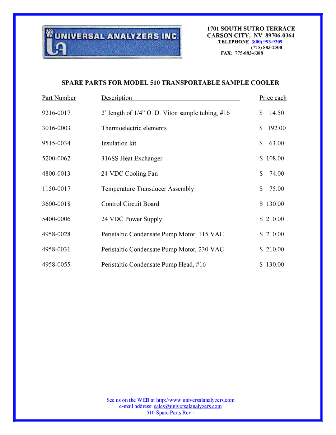 Universal 510S instruction manual Spare Parts for Model 510 Transportable Sample Cooler 