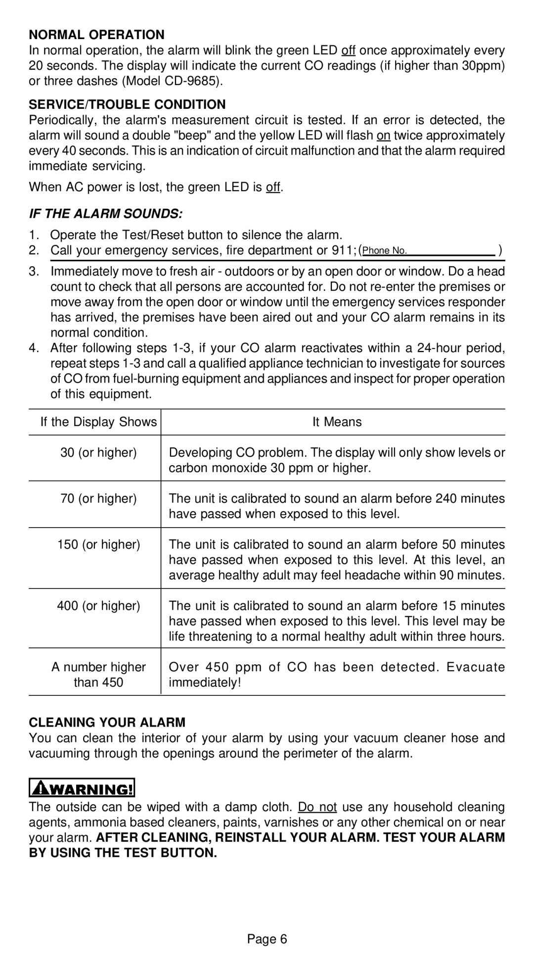 Universal CD-9685, CD-9585 Normal Operation, SERVICE/TROUBLE Condition, If the Alarm Sounds, Cleaning Your Alarm 