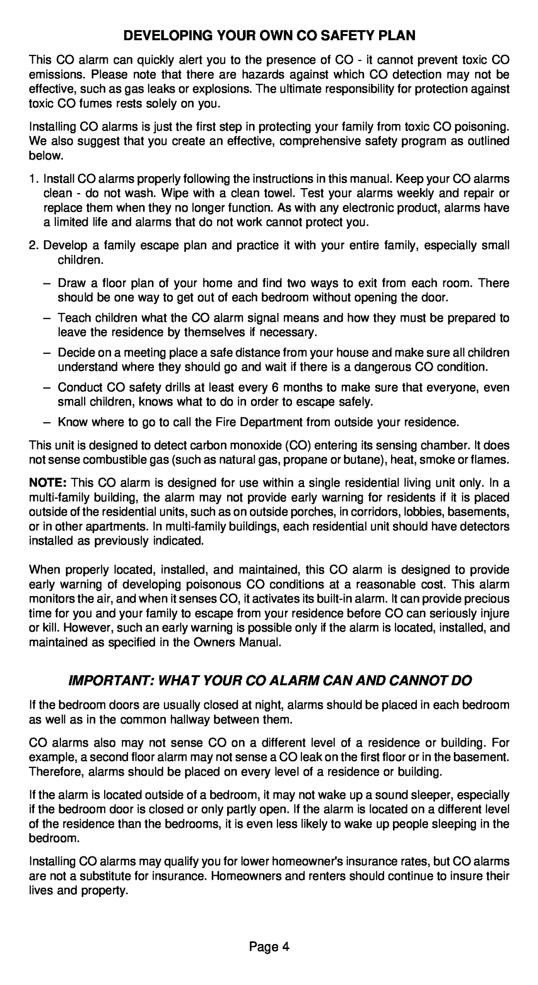 Universal CD-9685, CD-9585 owner manual Developing Your Own Co Safety Plan, Important What Your Co Alarm Can And Cannot Do 