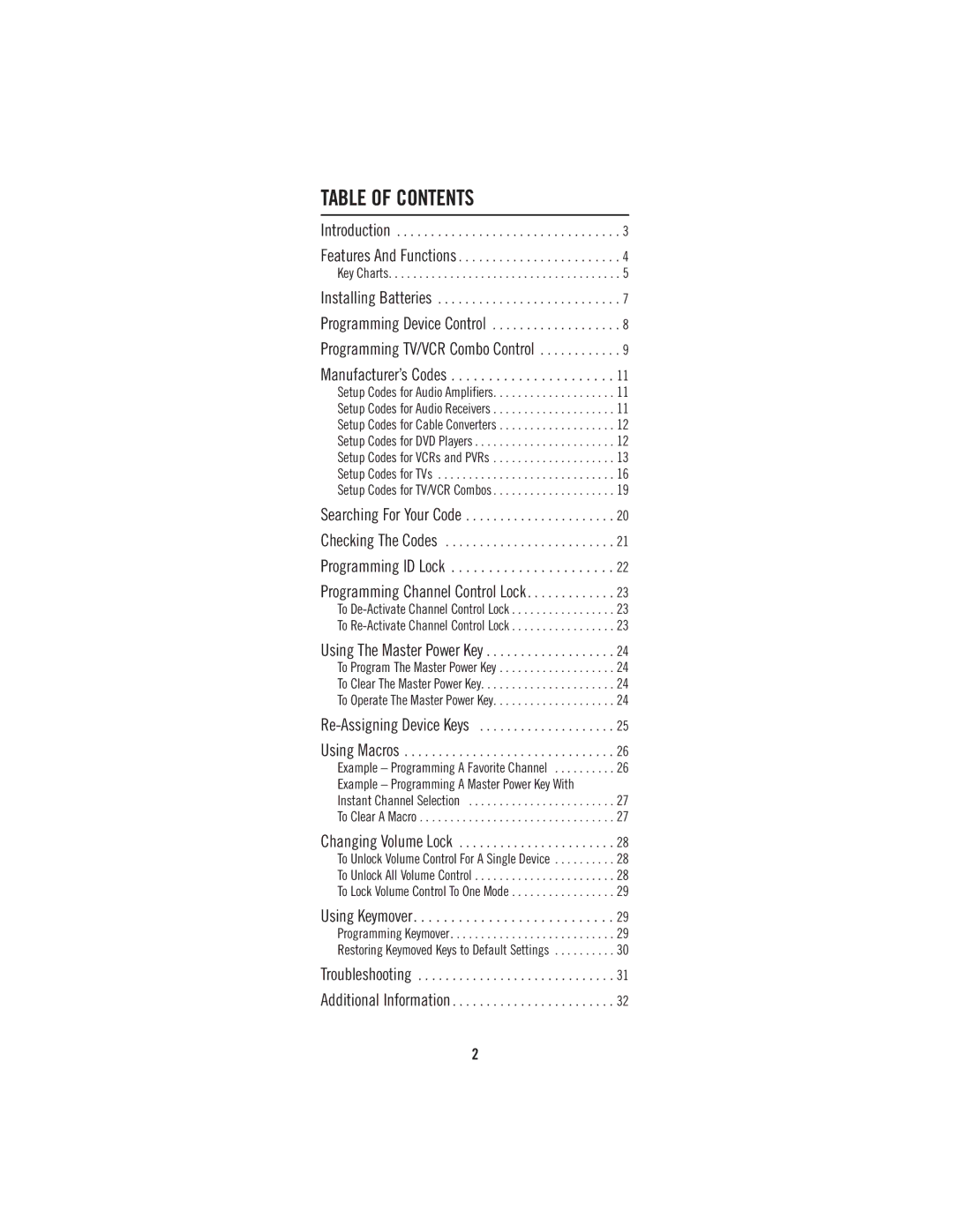 Universal Electronics 4-DEVICE Universal Remote Control manual Table of Contents 