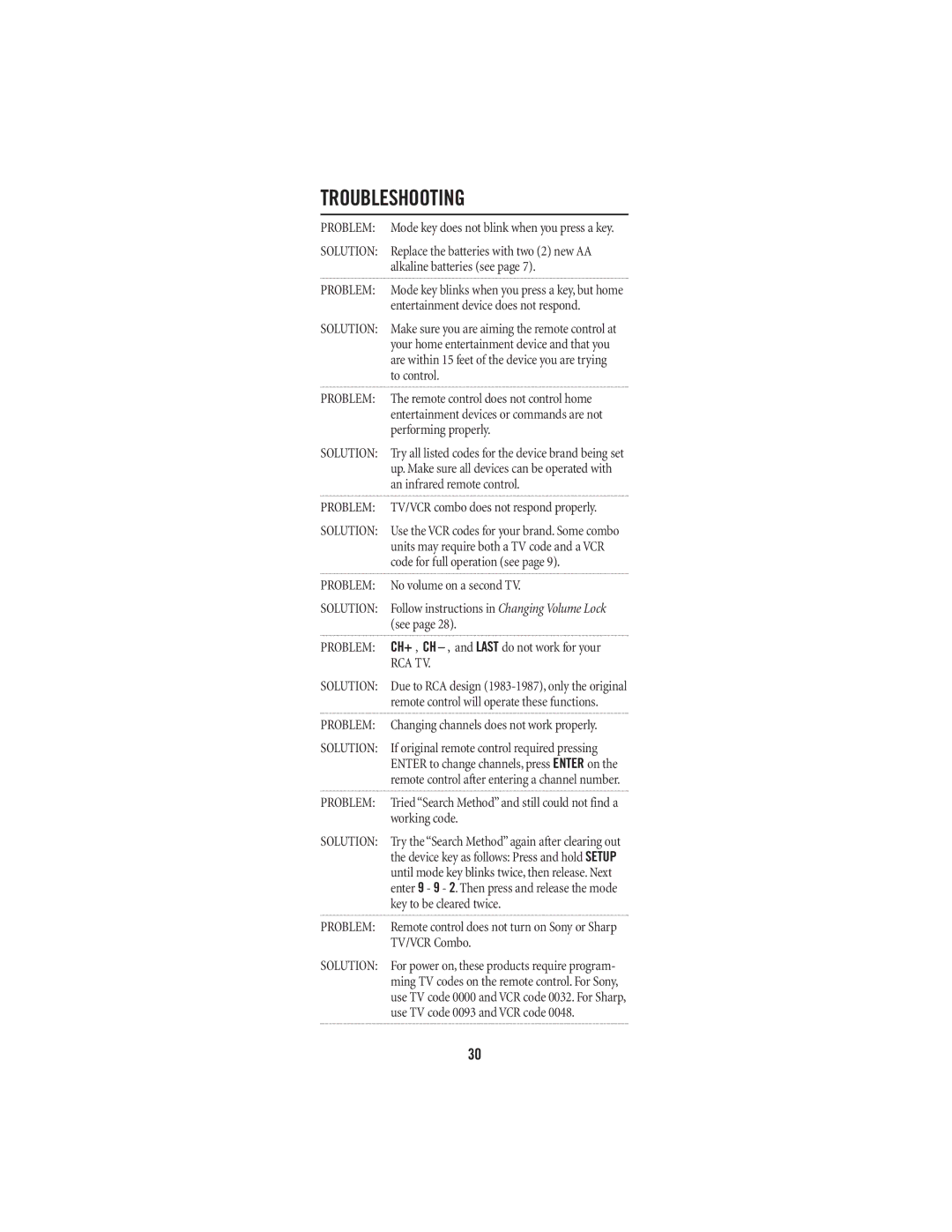 Universal Electronics 4-DEVICE Universal Remote Control manual Troubleshooting, Problem, Solution 