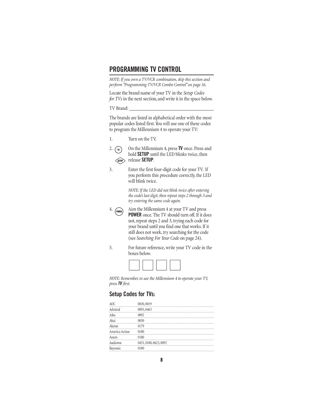 Universal Electronics 4 manual Programming TV Control, Setup Codes for TVs, Aoc 