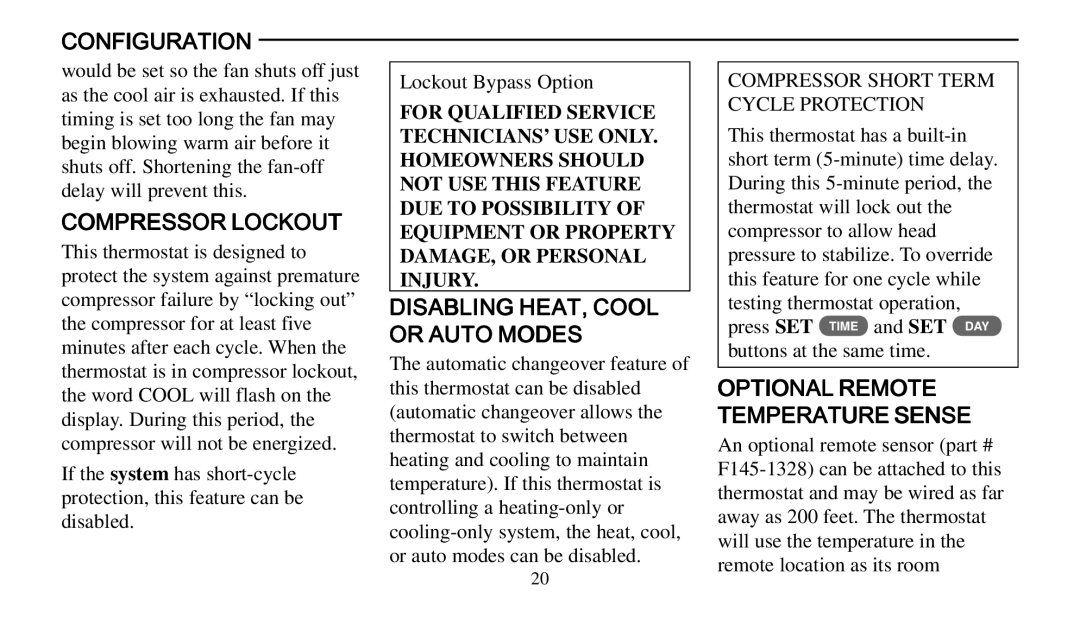 Universal Electronics 975 operating instructions Configuration, Compressor Lockout, Disabling HEAT, Cool or Auto Modes 