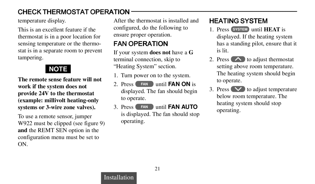 Universal Electronics 975 operating instructions Check Thermostat Operation, FAN Operation, Heating System 