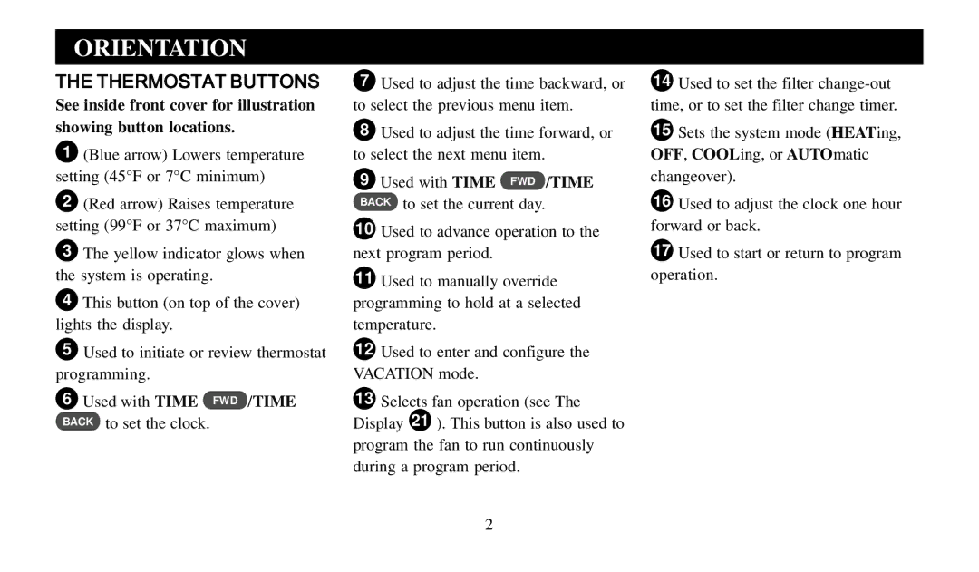 Universal Electronics 975 operating instructions Orientation, Thermostat Buttons 