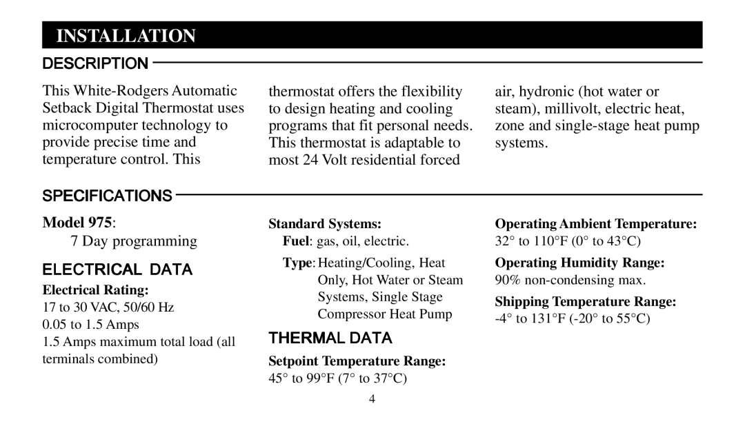 Universal Electronics 975 operating instructions Installation, Description, Specifications, Electrical Data, Thermal Data 