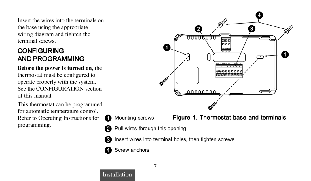 Universal Electronics 975 operating instructions Configuring Programming, Mounting screws . Thermostat base and terminals 