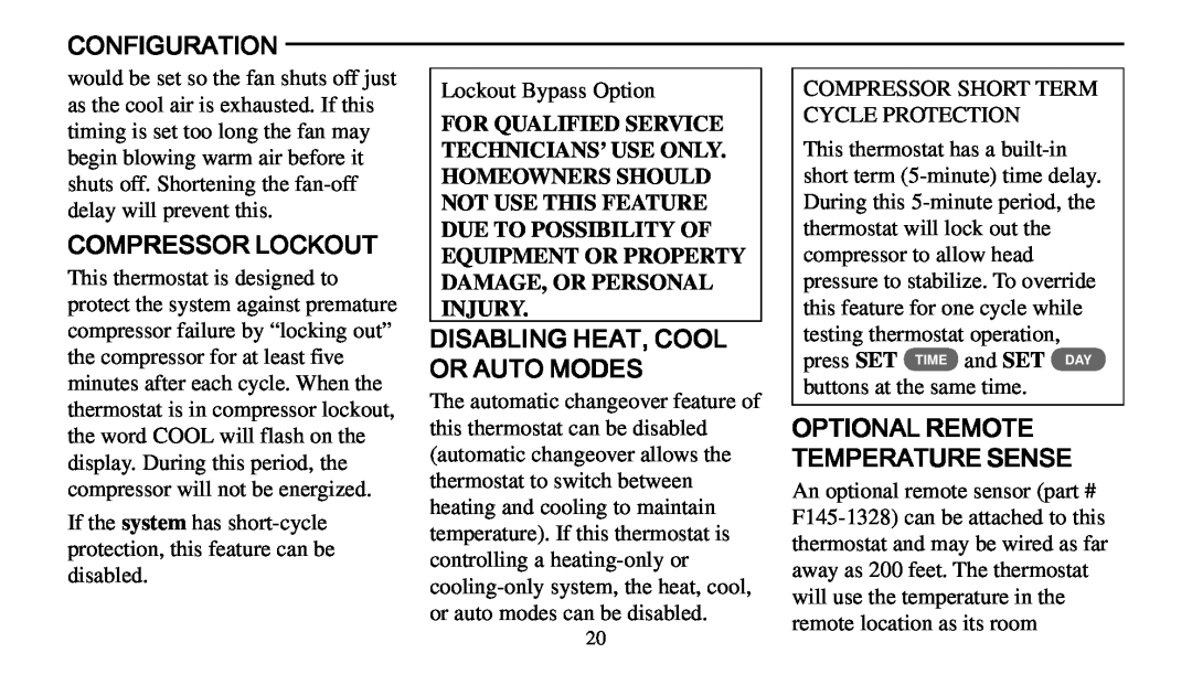 Universal Electronics 975 operating instructions Configuration, Compressor Lockout, Disabling Heat, Cool Or Auto Modes 