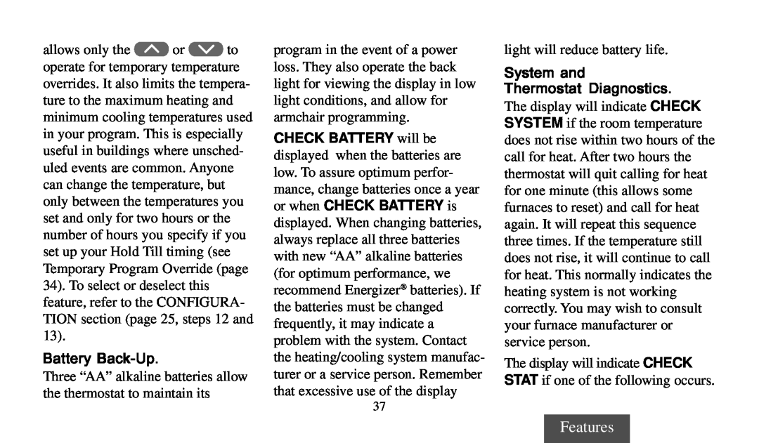 Universal Electronics 975 operating instructions Features, Battery Back-Up, System and Thermostat Diagnostics 