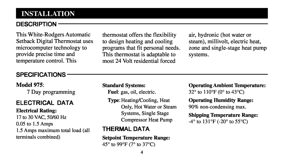 Universal Electronics 975 Installation, Description, Specifications, Model, Electrical Data, Thermal Data 