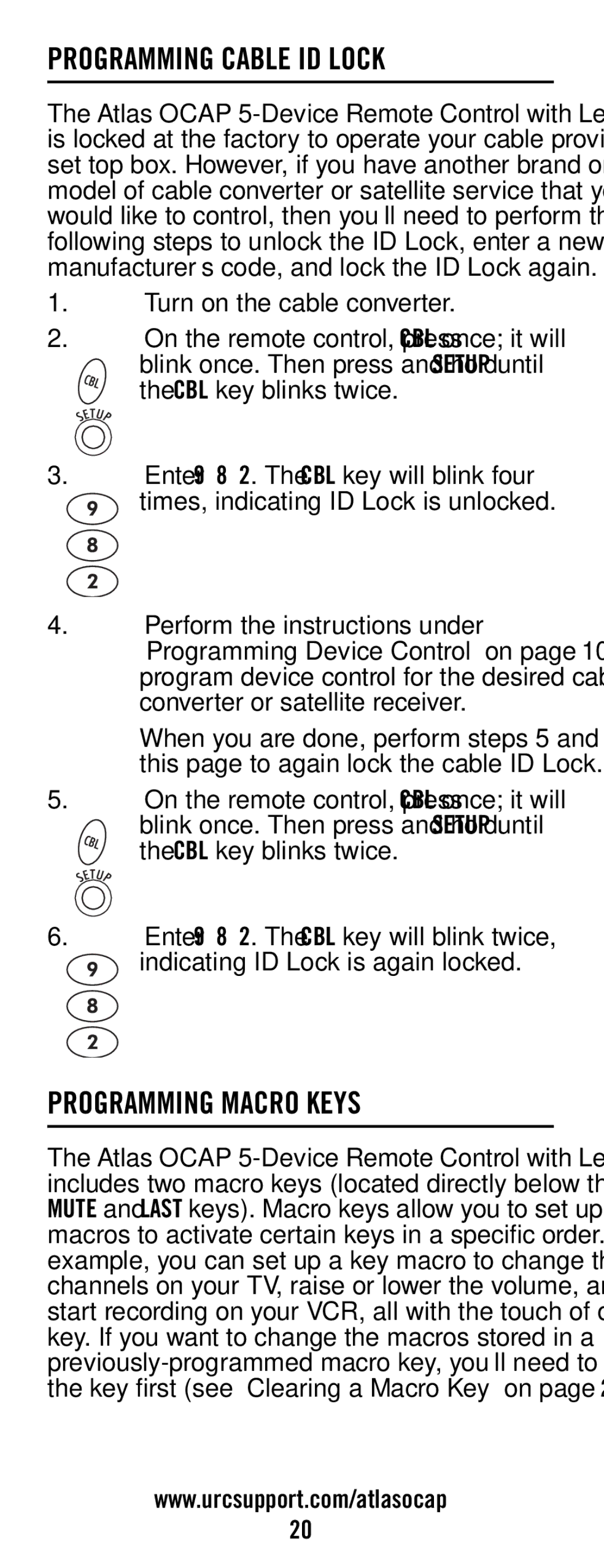 Universal Electronics ATLAS OCAP 5-Device manual Programming Cable ID Lock, Programming Macro Keys 