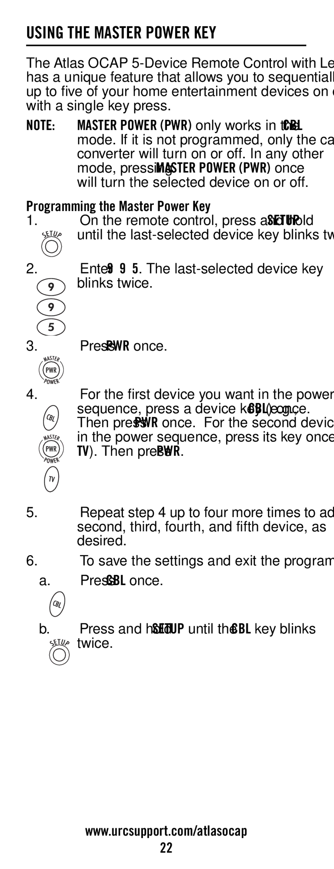 Universal Electronics ATLAS OCAP 5-Device manual Using the Master Power KEY, Programming the Master Power Key 