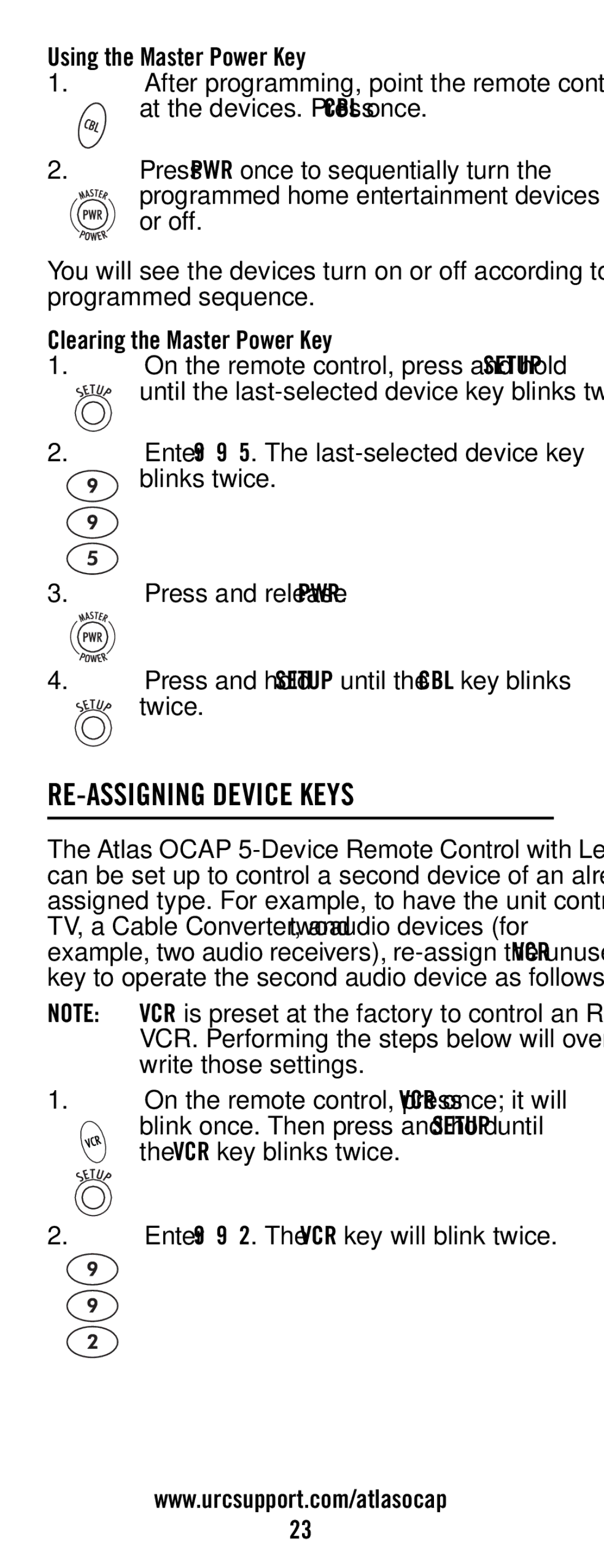 Universal Electronics ATLAS OCAP 5-Device manual RE-ASSIGNING Device Keys, Using the Master Power Key 