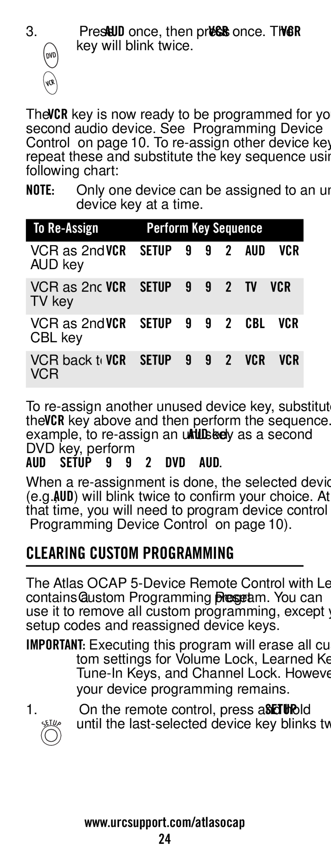 Universal Electronics ATLAS OCAP 5-Device Clearing Custom Programming, VCR Setup 9 9 2 AUD VCR, VCR Setup 9 9 2 TV VCR 