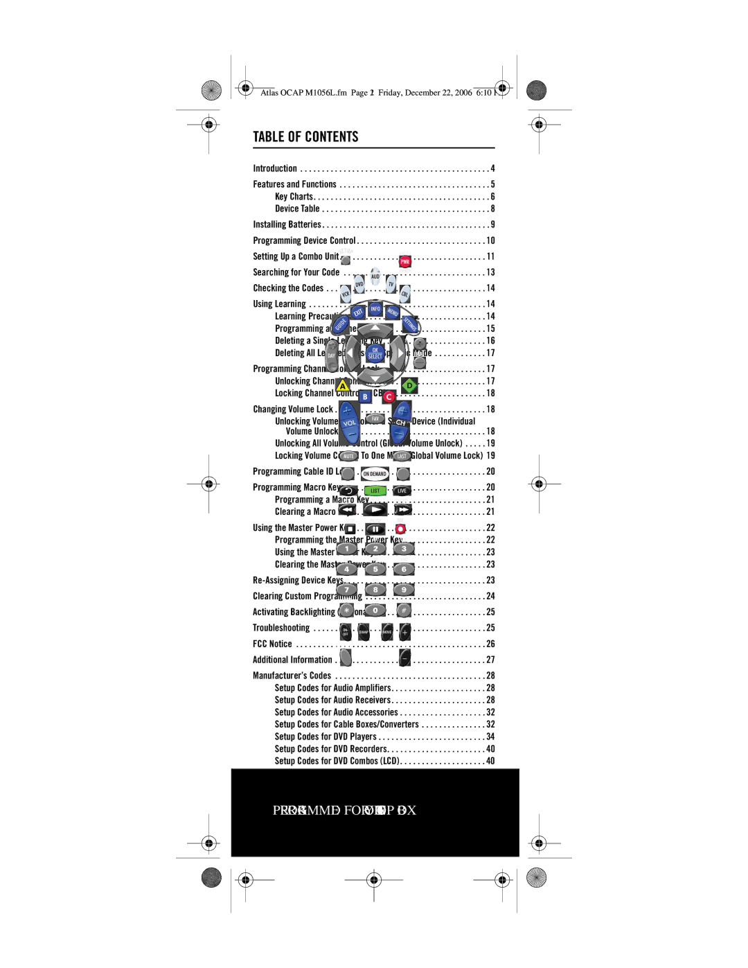 Universal Electronics ATLAS OCAP manual Table of Contents 