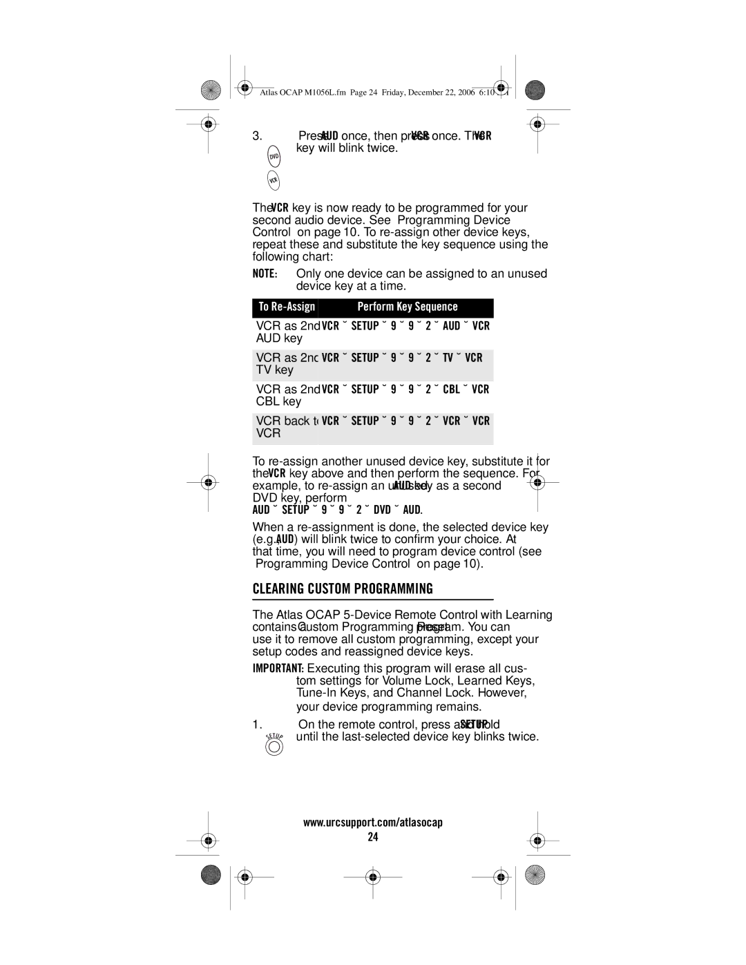 Universal Electronics ATLAS OCAP manual Clearing Custom Programming, To Re-Assign Perform Key Sequence 