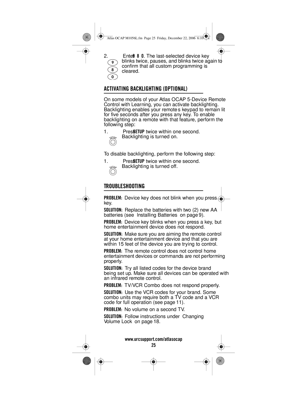 Universal Electronics ATLAS OCAP manual Activating Backlighting Optional, Troubleshooting 