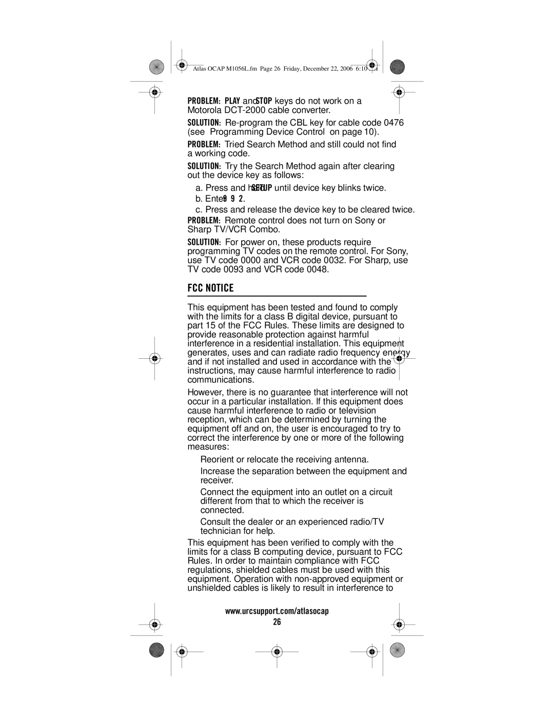 Universal Electronics ATLAS OCAP manual FCC Notice 