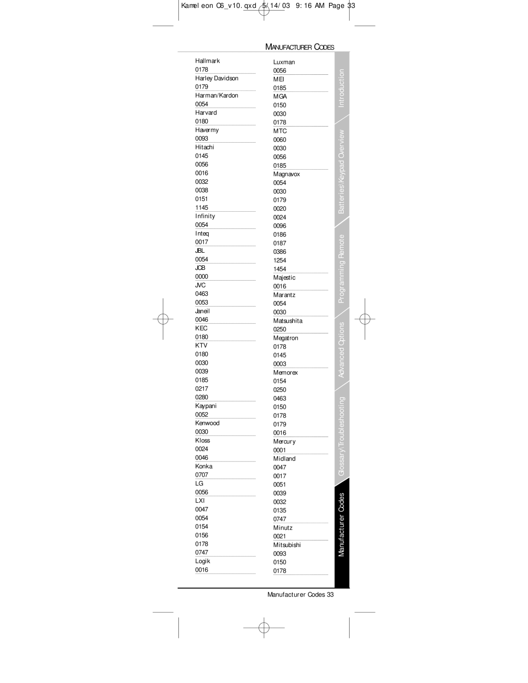 Universal Electronics C6 owner manual Mei, Mga, Mtc, Jcb, Kec, Ktv, Lxi 