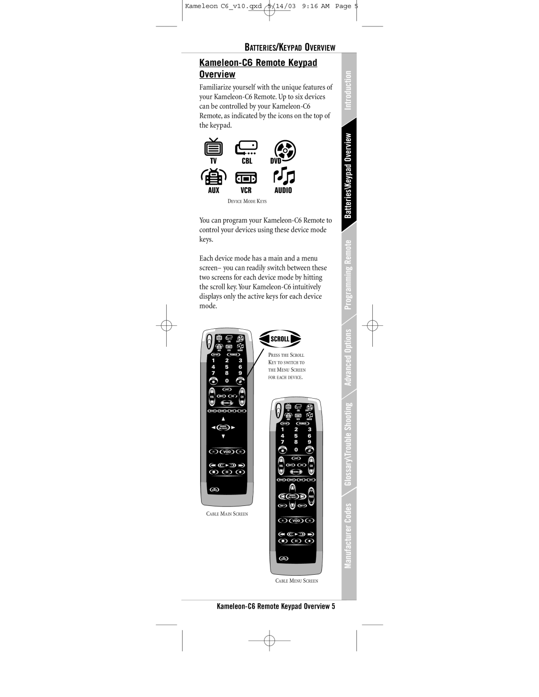 Universal Electronics owner manual Kameleon-C6 Remote Keypad Overview, BATTERIES/KEYPAD Overview 