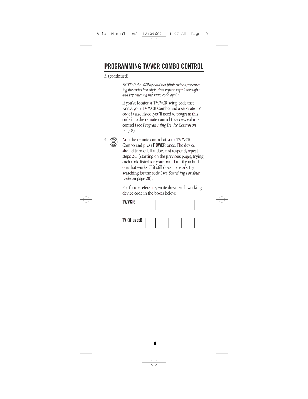 Universal Electronics CABLE 4 manual Tv/Vcr 