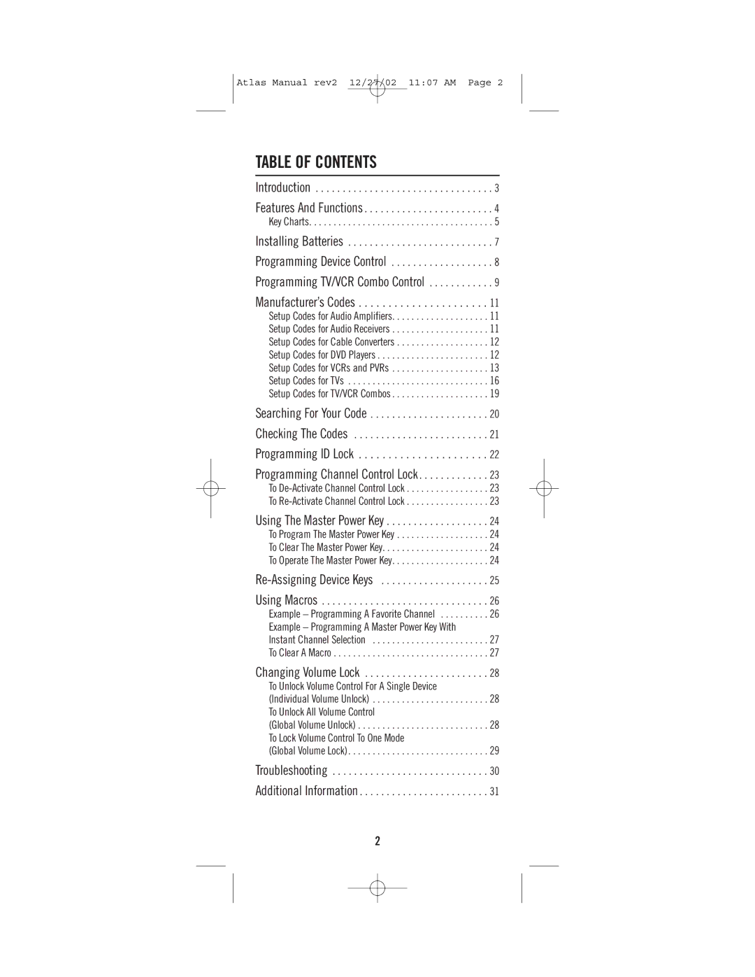 Universal Electronics CABLE 4 manual Table of Contents 