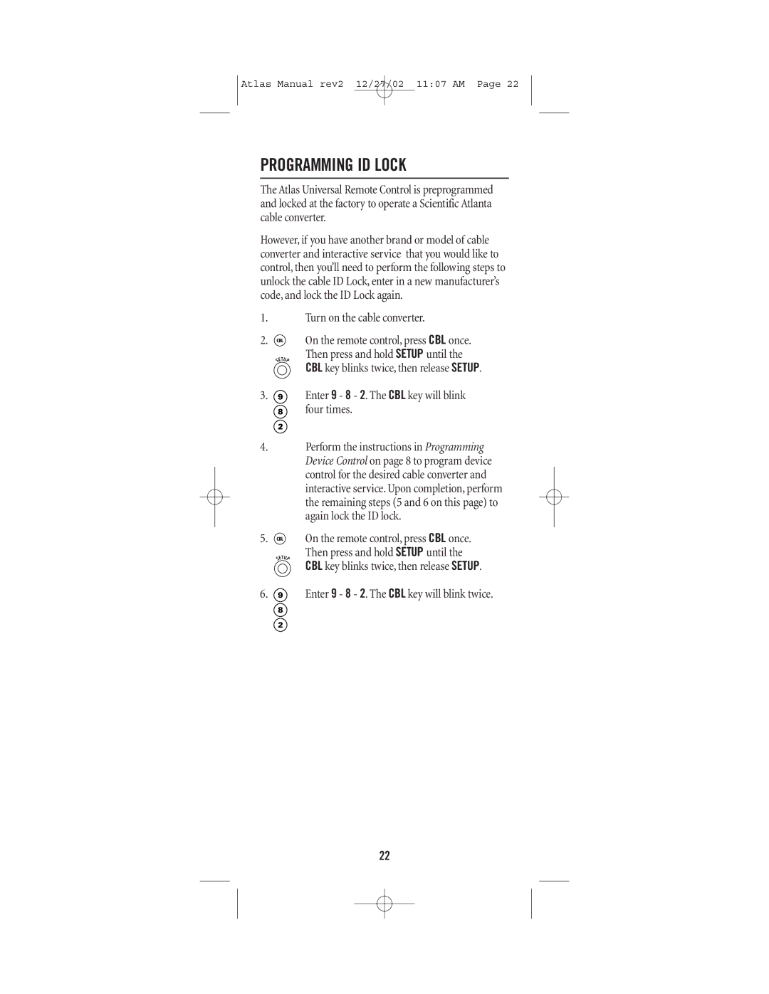 Universal Electronics CABLE 4 manual Programming ID Lock, Turn on the cable converter 